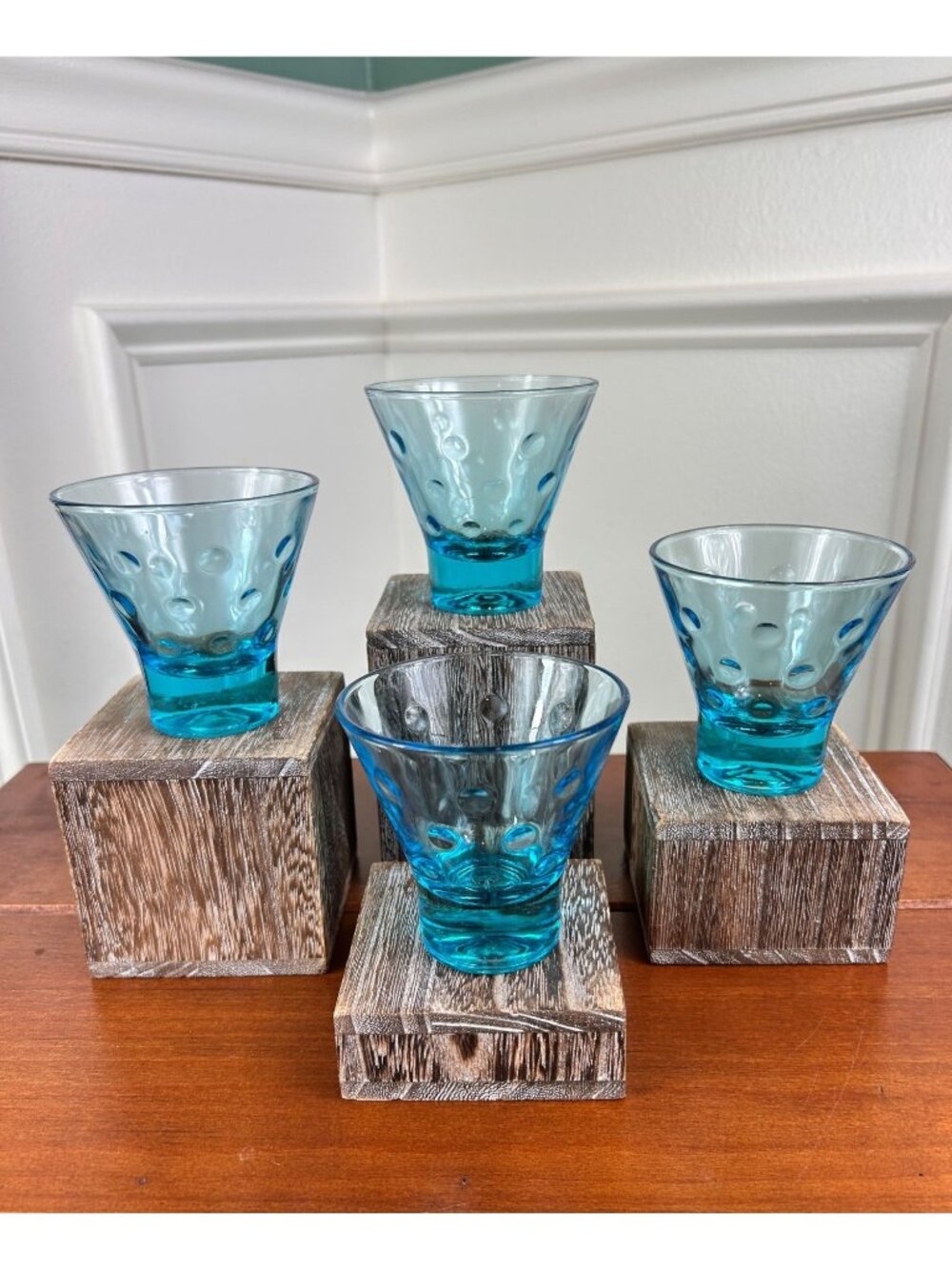 Hazel Atlas Capri Light Blue Dot Whiskey Glasses.